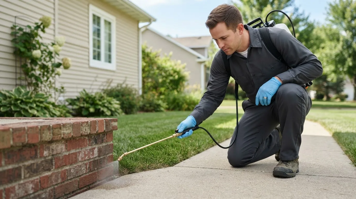 Pest control technician treating a home near Liverpool, TX