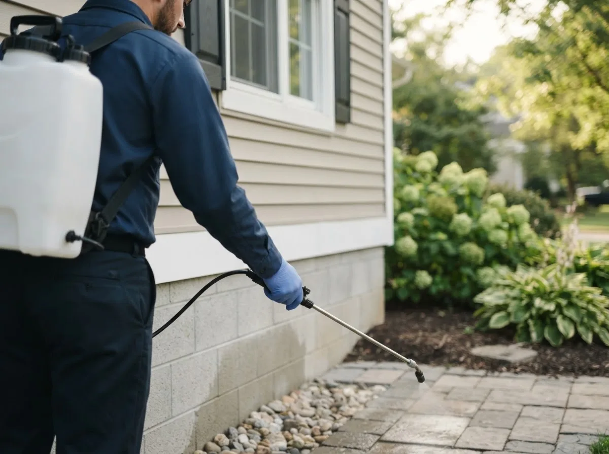 Pest control technician inspecting a home in Liverpool, TX